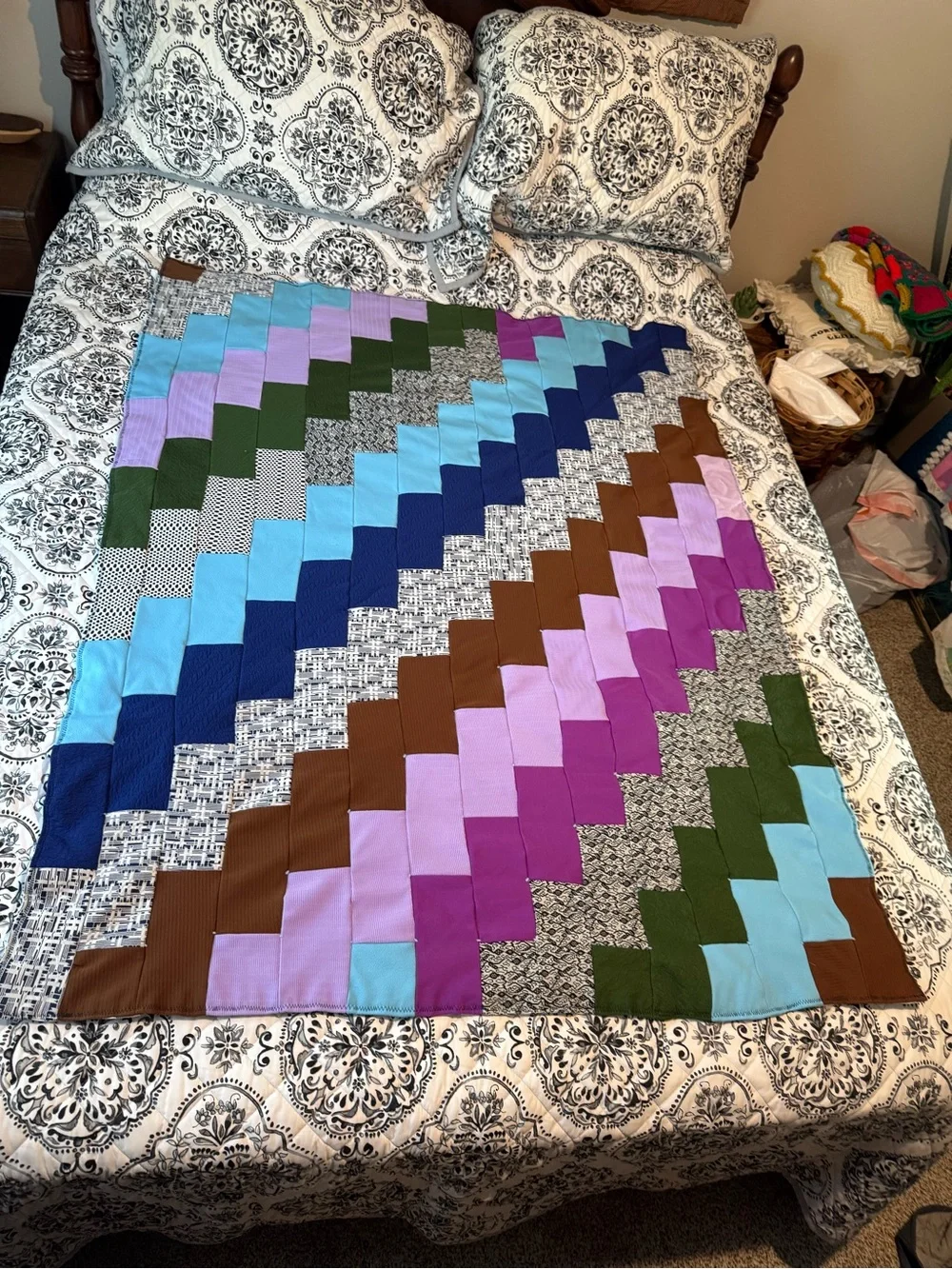 Handmade Multicolor Patchwork Quilt - Blue, Purple, Green, Brown